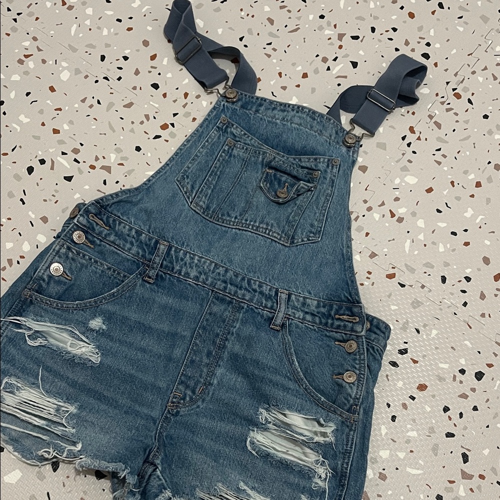 Denim Overalls with Distressed Detailing